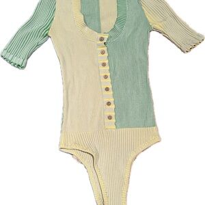 Free People Green and Cream Ribbed Bodysuit
